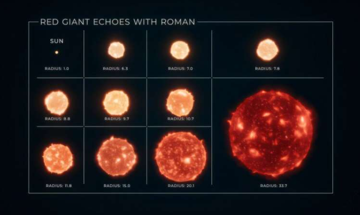 这幅太阳和几颗半径各异的红巨星的艺术概念图源自声音化技术。该声音化技术将红巨星内部传播的波转化为声音，其数据模拟基于罗曼号探测器发射后将收集的数据。