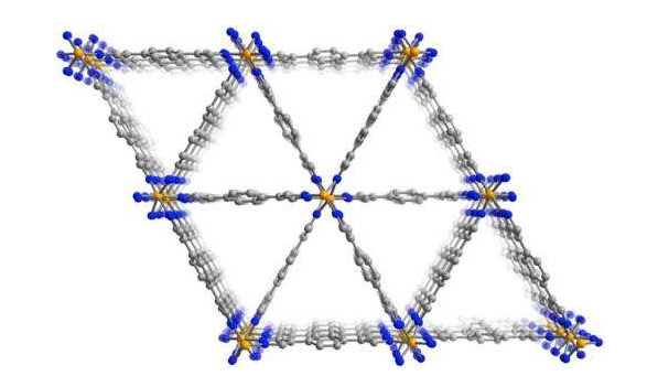 这张金属有机框架（MOF）分子结构图展示了贯穿材料内部的三角形通道。这些通道的壁面能够捕获汽油中低辛烷值的成分，同时允许高辛烷值分子通过，这有望为提炼高辛烷值汽油提供一种更高效、更经济的方法。