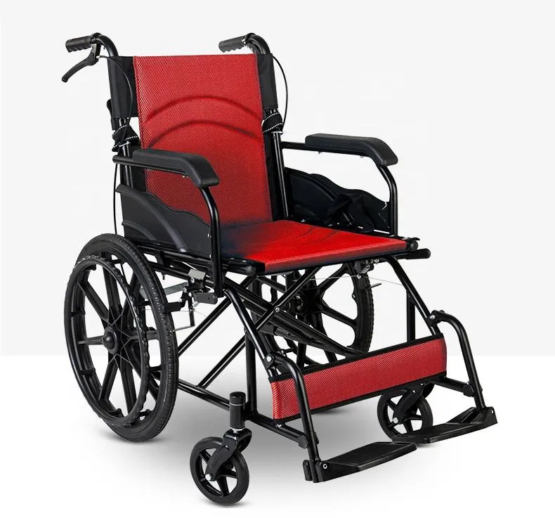 Silla de ruedas manual plegable reclinable de color azul, rojo y negro, súper ligera y a bajo precio para personas con discapacidad