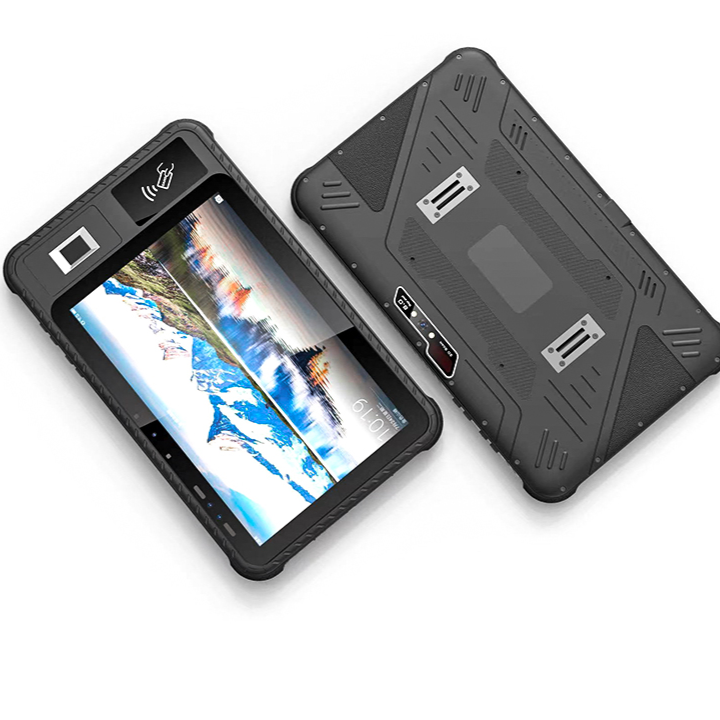 工厂直销10英寸安卓防水三防平板电脑，配备以太网接口、指纹识别、NFC、RJ45端口、二维条码扫描和超高频RFID功能。