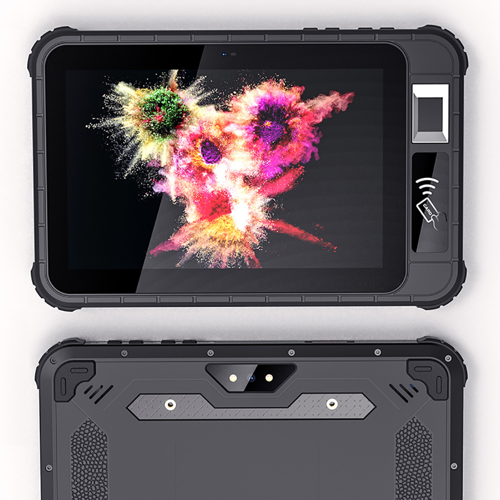 工厂直销8英寸安卓三防平板电脑，配备GMS、NFC、FBI指纹识别、UHF RFID、二维条码扫描仪，防水防摔。
