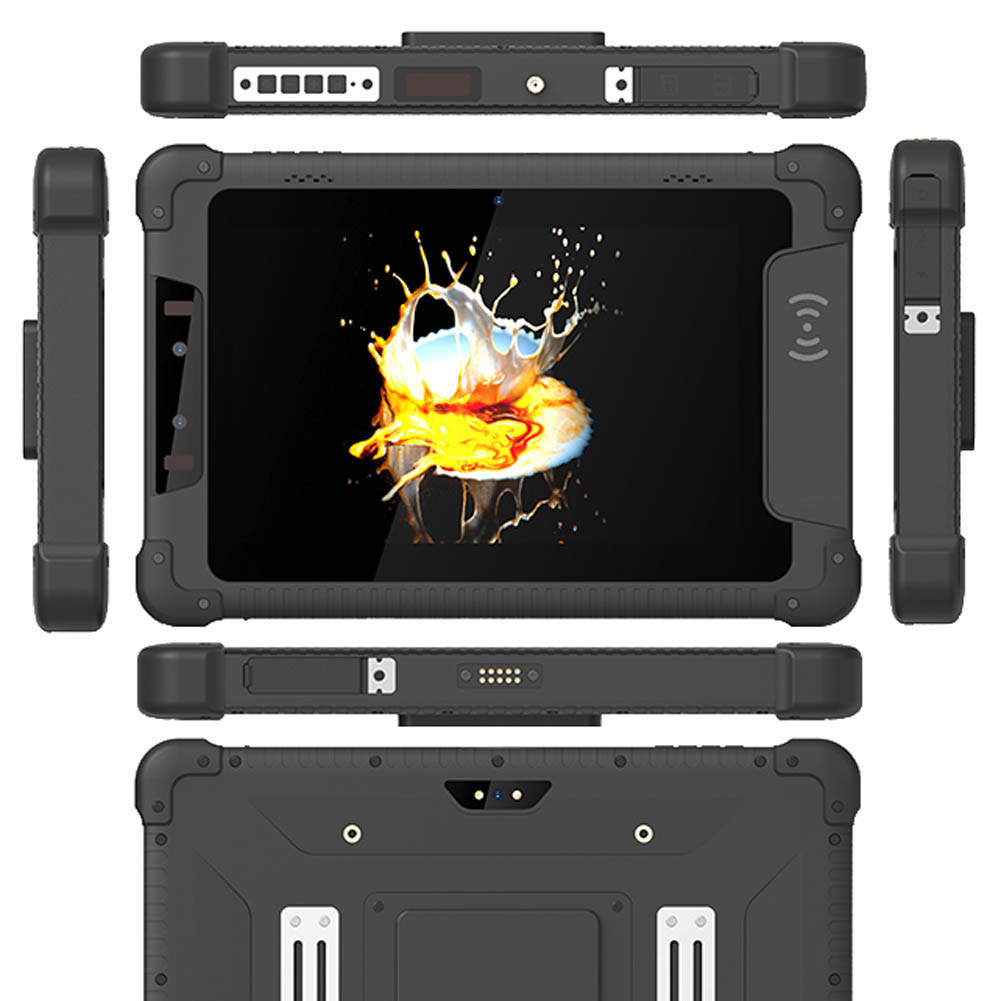 工厂直销8英寸安卓三防平板电脑，配备NFC、二维条码扫描仪、指纹识别、RFID、人脸识别、车载支架和充电器支架